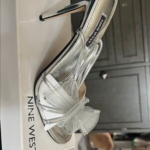Nine West Silver Mesh Bow Stiletto Sandals